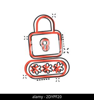 Icona di accesso in stile comico. Illustrazione vettoriale con cartoon di accesso tramite password su sfondo isolato bianco. Concetto di business effetto splash con lucchetto. Illustrazione Vettoriale