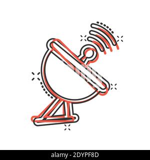 Icona della torre dell'antenna satellitare in stile comico. Trasmissione di immagini vettoriali su sfondo isolato bianco. Radar effetto splash business conce Illustrazione Vettoriale