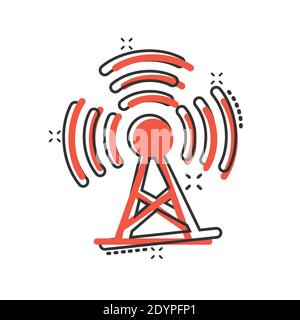 Icona della torre dell'antenna in stile comico. Trasmissione di immagini vettoriali su sfondo isolato bianco. Concetto di business con effetto splash WiFi. Illustrazione Vettoriale