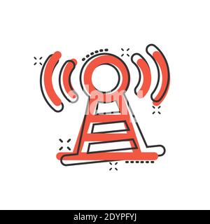 Icona della torre dell'antenna in stile comico. Trasmissione di immagini vettoriali su sfondo isolato bianco. Concetto di business con effetto splash WiFi. Illustrazione Vettoriale