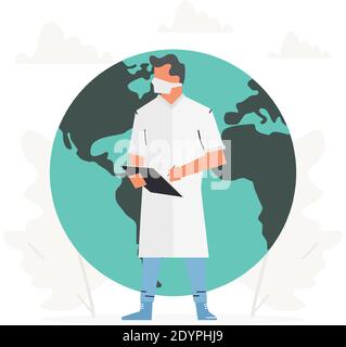 Il medico si trova di fronte a una grande Terra. Illustrazione vettoriale del concetto di uomo dell'ospedale che salva il pianeta. Illustrazione Vettoriale