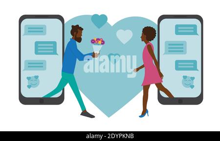 online dating concept - uomo e donna incontro dopo online messaggi Illustrazione Vettoriale