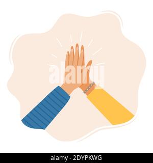 Due mani che si aggrappano in cinque gesti. Persone multiculturali che mettono insieme le mani. Lavoro di squadra, amicizia, unità, aiuto, uguaglianza, sostegno, partnershi Illustrazione Vettoriale