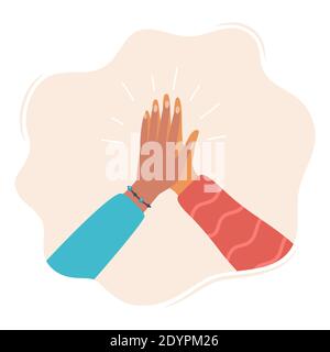 Due mani che si aggrappano in cinque gesti. Persone multiculturali che mettono insieme le mani. Lavoro di squadra, amicizia, unità, aiuto, uguaglianza, sostegno, partnershi Illustrazione Vettoriale