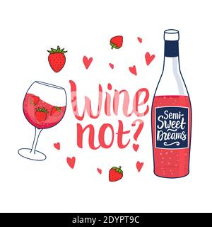 Bottiglia di vino rosato con iscrizione vino no. Sogni semi-dolci. Bevanda carina femminile in un bicchiere con fragole. Illustrazione della mano vettoriale isolata Illustrazione Vettoriale