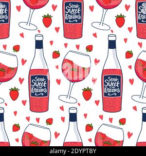 Bottiglia di vino rosa con motivo senza cuciture con iscrizione semi Sweet Dreams. Bevanda carina femminile in un wineglass con fragole. Illustrazione della mano vettoriale Illustrazione Vettoriale