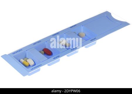 organizzatore di pillole isolato su sfondo bianco Foto Stock