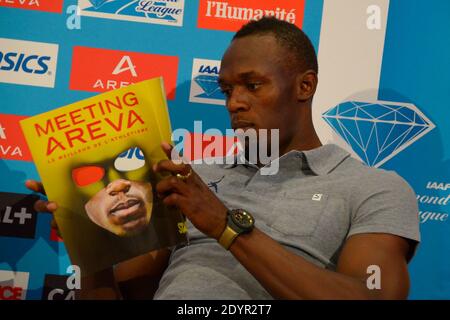 L'atleta giamaicano Usain Bolt durante una conferenza stampa che ha presentato L'AREVA Athletics Meeting a Parigi, Francia, il 2 luglio 2013. Sprinter Bolt, record mondiale, si disputerà il 6 luglio all'incontro di atletica della Diamond League presso lo stade de France, a Saint-Denis, fuori Parigi. Foto di Henri Szwarc/ABACAPRESS.COM Foto Stock