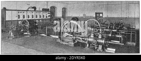 Centro di controllo di un impianto di illuminazione elettrica. Illustrazione del 19 ° secolo. Germania. Sfondo bianco. Foto Stock