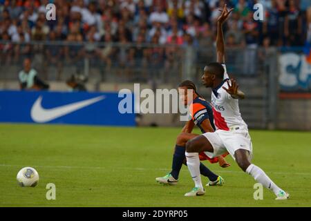 Daniel Congre di Montpellier ha combattuto contro Blaise Matuidi del PSG durante la prima partita di calcio francese della Lega, Montpellier contro Paris-St-Germain a Montpellier, Francia, il 9 agosto 2013. PSG e Montpellier hanno disegnato 1-1. Foto di Henri Szwarc/ABACAPRESS.COM Foto Stock