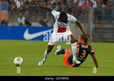 Daniel Congre di Montpellier ha combattuto contro Blaise Matuidi del PSG durante la prima partita di calcio francese della Lega, Montpellier contro Paris-St-Germain a Montpellier, Francia, il 9 agosto 2013. PSG e Montpellier hanno disegnato 1-1. Foto di Henri Szwarc/ABACAPRESS.COM Foto Stock