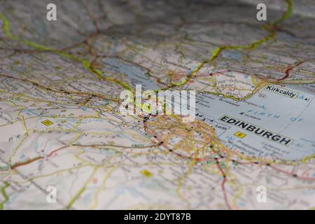 Dettaglio di una mappa stradale della scozia contrassegnata con testo Area di Marker Edimburgo Foto Stock