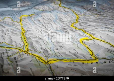 Dettaglio di una mappa stradale della scozia contrassegnata con testo Area marcatore Highland Foto Stock