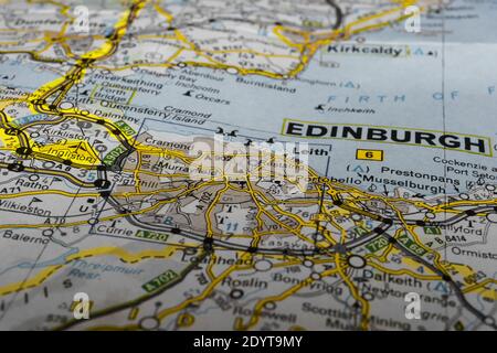 Dettaglio di una mappa stradale della scozia contrassegnata con testo Area di Marker Edimburgo Foto Stock