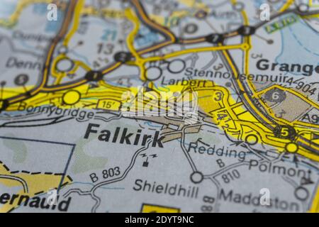 Dettaglio di una mappa stradale della scozia contrassegnata con testo Area marcatore Falkirk Foto Stock