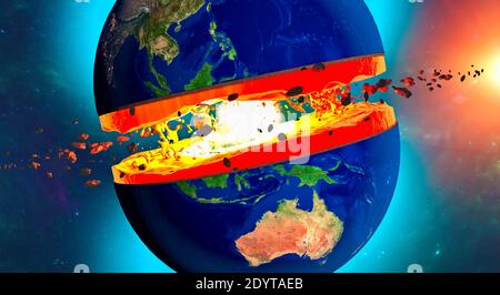 Sezione della Terra, strati e nucleo. Sezione orizzontale e in sezione, vista satellitare del continente americano. Esplosione e cataclismo. Detriti Foto Stock