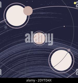 Galassia spaziale con pianeti, orbite, satelliti, lune, sole e stelle. Immagine vettoriale grunge stile retro. Poster minimalista d'epoca Illustrazione Vettoriale
