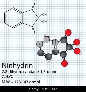 Ninidrina Formula chimica con nome IUPAC e peso molecolare. illustrazione vettoriale della struttura molecolare 3d e 2d su sfondo bianco. Illustrazione Vettoriale