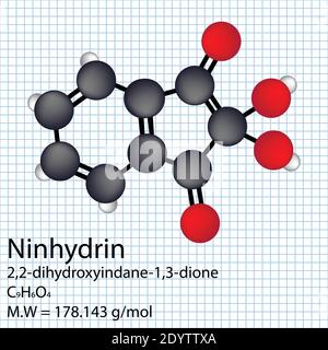 Ninidrina Formula chimica con nome IUPAC e peso molecolare. illustrazione vettoriale a struttura molecolare 3d su sfondo bianco. Illustrazione Vettoriale