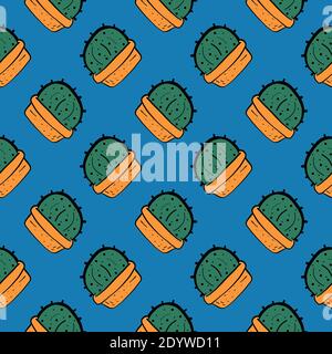 Cactus in una pentola, motivo senza giunture su sfondo blu. Illustrazione Vettoriale