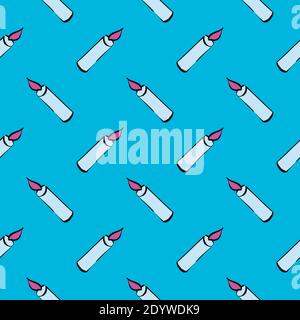 Candele brucianti, motivo senza cuciture su sfondo blu. Illustrazione Vettoriale