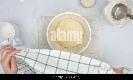 Impasto di pane rialzato in una ciotola, vista dall'alto. Passo dopo passo ricetta di pane al formaggio, processo di cottura Foto Stock
