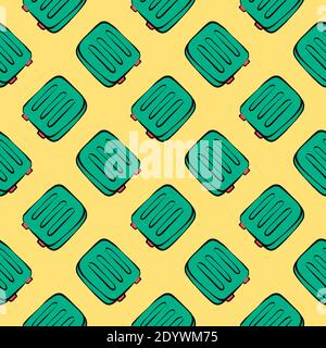 Valigia verde, motivo senza cuciture su sfondo giallo. Illustrazione Vettoriale