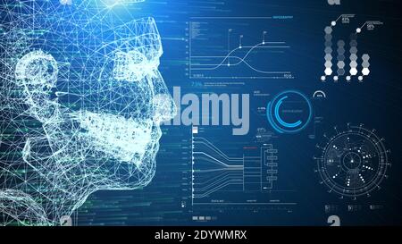 Illustrazione 3D con struttura a reticolo del sistema di intelligenza artificiale umano e interfaccia HUD dello scanner di informazioni infografiche su sfondo blu. Tecnologia di realtà virtuale aziendale e medicale. Di Foto Stock