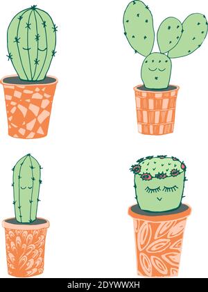 Set di cactus con divertenti volti kawaii in graziosi vasi fatti a mano su uno sfondo bianco isolato. Illustrazione vettoriale Illustrazione Vettoriale
