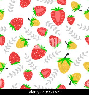 Senza cuciture con frutti di bosco, fiori e foglie di fragola su bianco isolato . Illustrazione vettoriale Illustrazione Vettoriale