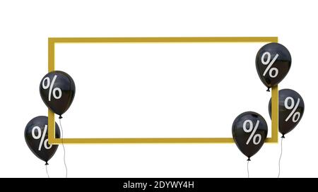 Offerta Black Friday. Palloncini neri con cornice in percentuale e oro. Isolati su sfondo bianco. rendering 3d Foto Stock