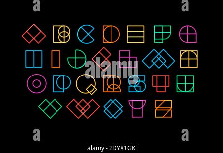 lettere colorate di forme geometriche, carattere decorativo per un fantastico titolo, logo lineare e scritte fantascientifico al neon, alfabeto vettoriale. Illustrazione Vettoriale