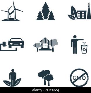 Impostare la raccolta di icone ecologiche vettoriali in un design piatto. Aria pulita, oggetti riciclabili, auto elettrica per web design, presentazioni e app mobili. Impostazione Illustrazione Vettoriale