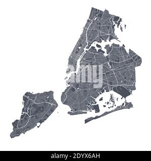 Mappa di New York. Mappa vettoriale dettagliata dell'area amministrativa della città di New York. Poster del paesaggio urbano vista aria metropolitana. Terra scura con strade bianche, strade A. Illustrazione Vettoriale