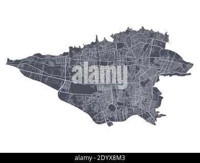 Mappa di Teheran. Mappa vettoriale dettagliata dell'area amministrativa della città di Teheran. Poster scuro con strade su sfondo bianco. Illustrazione Vettoriale