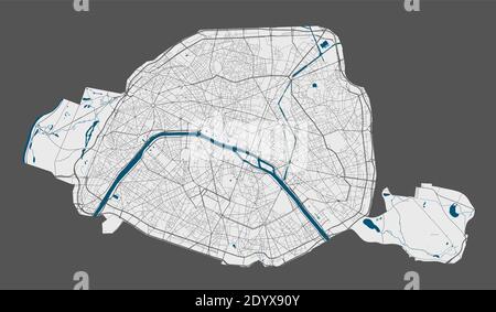 Mappa di Parigi. Mappa vettoriale dettagliata dell'area amministrativa della città di Parigi. Poster con strade e acqua su sfondo grigio. Illustrazione Vettoriale