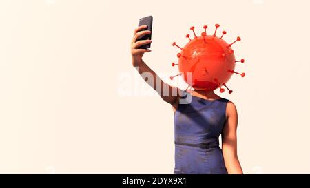Concetto o illustrazione 3d concettuale di una donna di affari che controlla il suo telefono e coronavirus su uno sfondo bianco come un metafora per l'impatto del Foto Stock