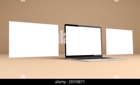 Mokup di notebook e diapositive vuote fluttuanti. Concetto di progettazione Web UI UX Foto Stock