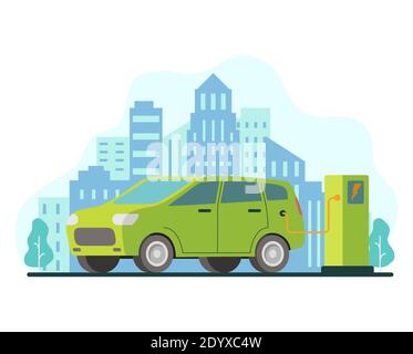 Stazione di ricarica per auto Eco. Rifornimento elettrico.energia verde. Illustrazione Vettoriale