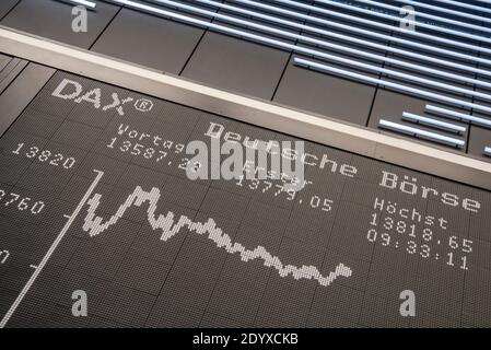 28 dicembre 2020, Hessen, Francoforte sul meno: La curva dell'indice azionario tedesco (DAX) nella sala di negoziazione della borsa di Francoforte. Il DAX è salito al più alto livello della sua storia lunedì. Foto: Boris Roessler/dpa Foto Stock