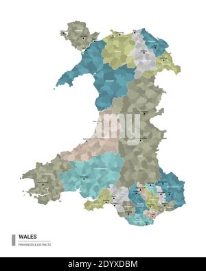 Wales Higt Mappa dettagliata con suddivisioni. Mappa amministrativa del Galles con il nome di distretti e città, colorata per stati e distretti amministrativi. Illustrazione Vettoriale