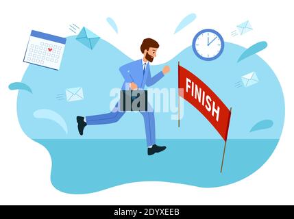 L'uomo d'affari ha raggiunto l'obiettivo, ha raggiunto il traguardo. Concetto di superamento delle difficoltà e di raggiungimento degli obiettivi. Uomo d'affari corre in un vestito su una ba blu Illustrazione Vettoriale