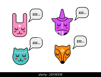 Carino set personaggi che dormono animali, gatto, unicorno, lepre, volpe isolato su sfondo bianco. Adorabili teste animali Illustrazione Vettoriale