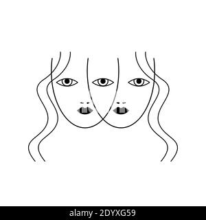 Poster con faccia femmina divisa. Illustrazione in bianco e nero con due ragazze. Illustrazione Vettoriale