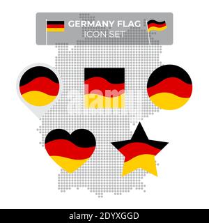 Le icone della bandiera della Germania sono impostate a forma di quadrato, cuore, cerchio, stelle e puntatore, indicatore della mappa. Mappa a mosaico della germania. Ondulazione nel vento. Tedesco tricolo Illustrazione Vettoriale