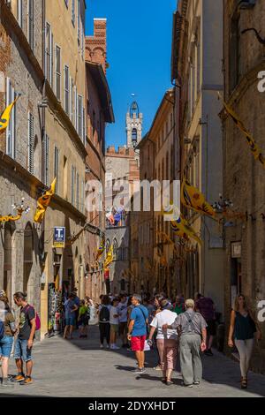 Vista sulla strada trafficata vicino a Piazza del campo, Siena, Toscana, Italia, Europa Foto Stock