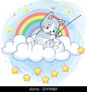 carino gattino su una nuvola in un mondo di pesca arcobaleno stelle Illustrazione Vettoriale