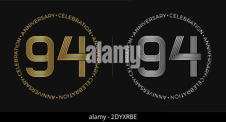 94° compleanno. Banner festeggiamenti per novantaquattro anni in colori oro e argento. Logo circolare con design originale in linea elegante Illustrazione Vettoriale