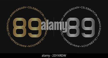 8nono compleanno. Banner festeggiamenti per ottantanove anni in colori oro e argento. Logo circolare con design originale in linea elegante Illustrazione Vettoriale