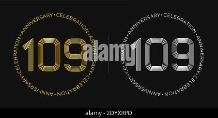 109° compleanno. Banner festeggiamenti per centoventi anni in colori oro e argento. Logo circolare con design originale Numbers. Illustrazione Vettoriale